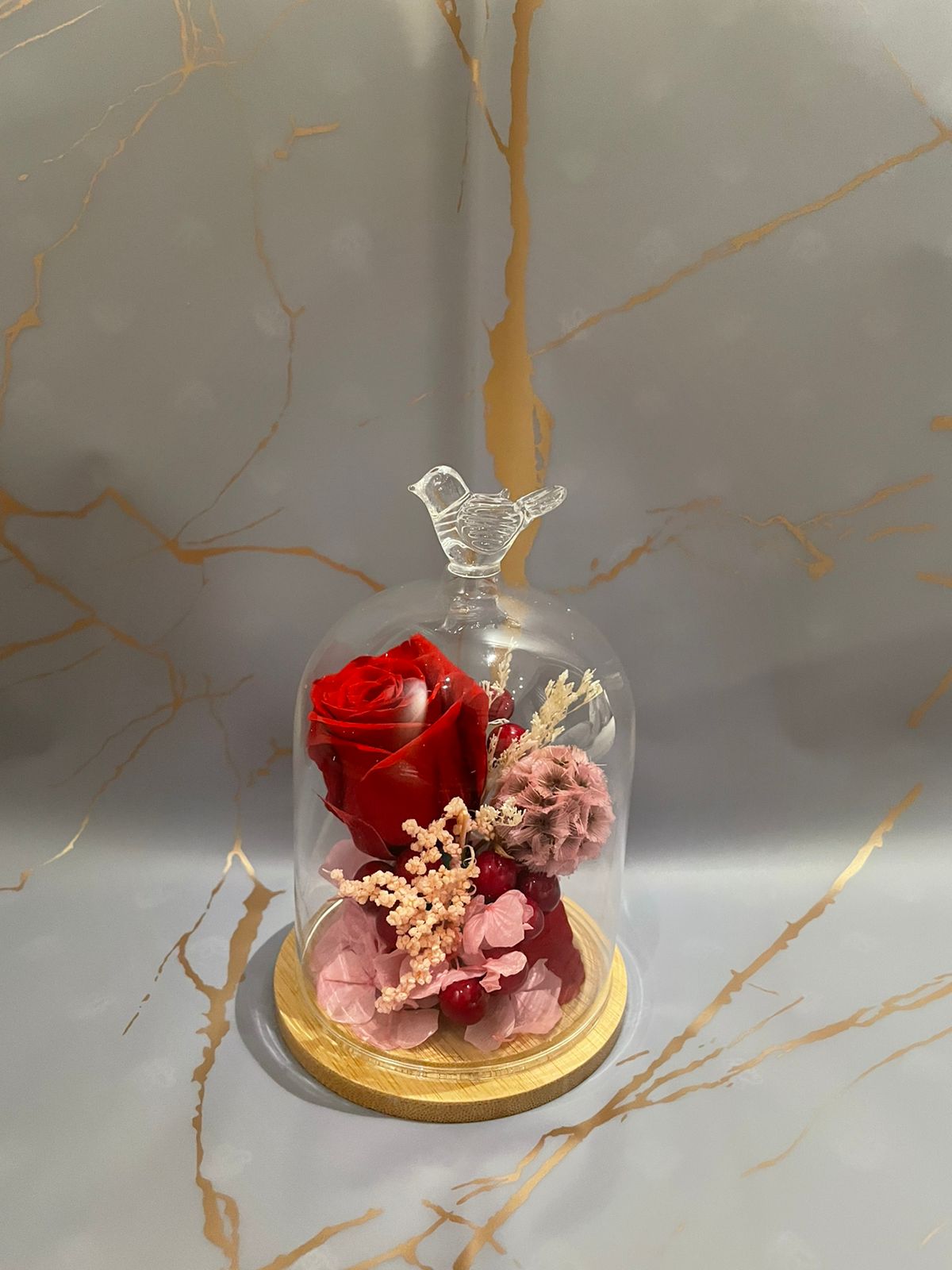 Preserved Flower in Petite Bird Glass Dome