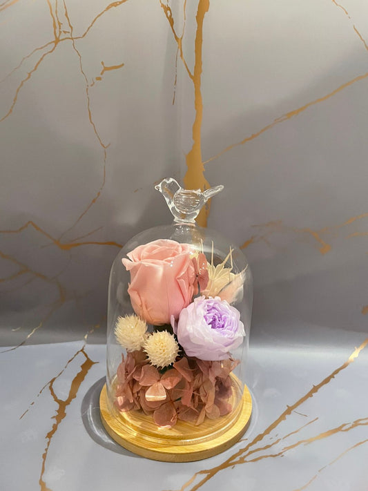 Preserved Flower in Petite Bird Glass Dome